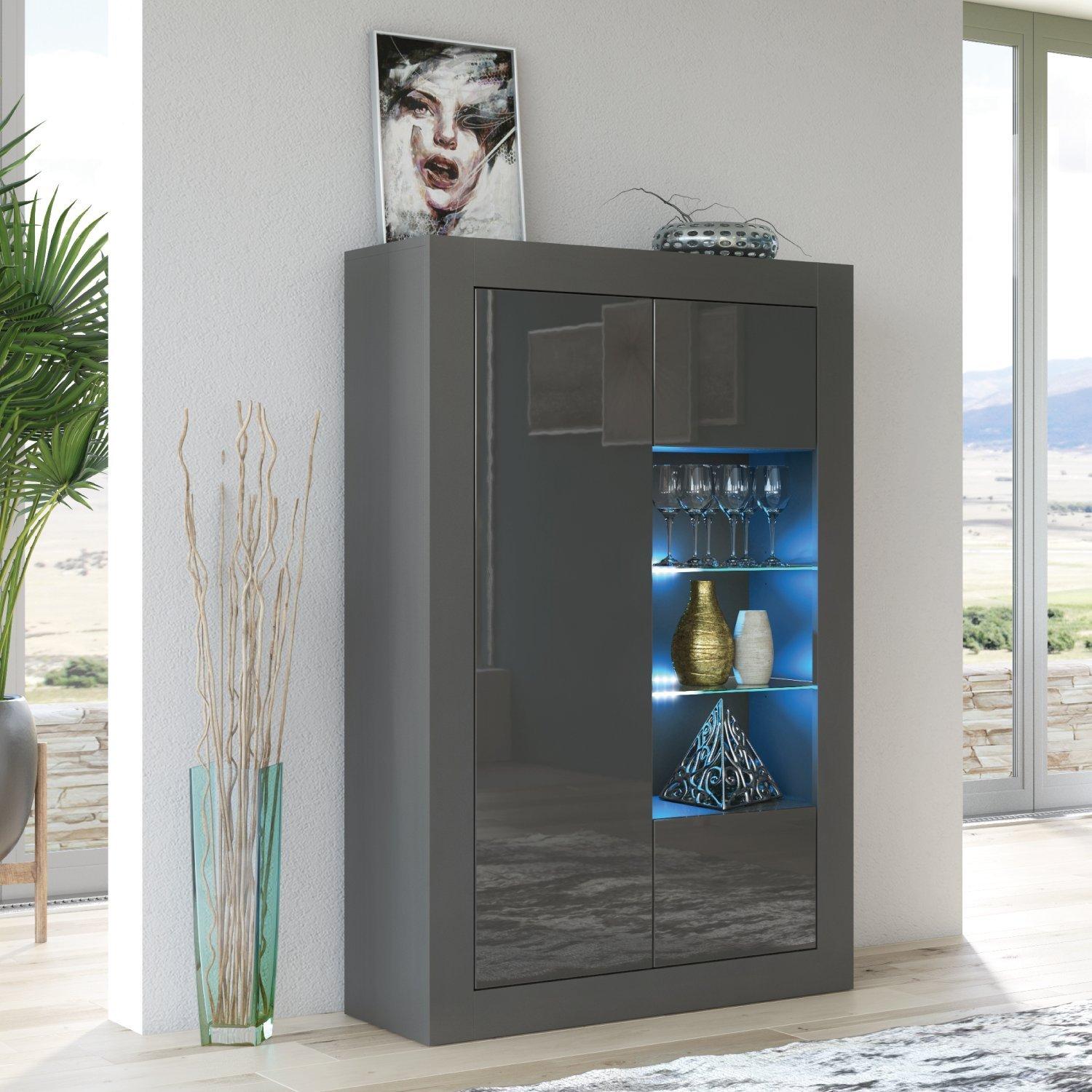 Sideboard 140cm Dark Grey Display Cabinet Modern Stand Gloss Doors
